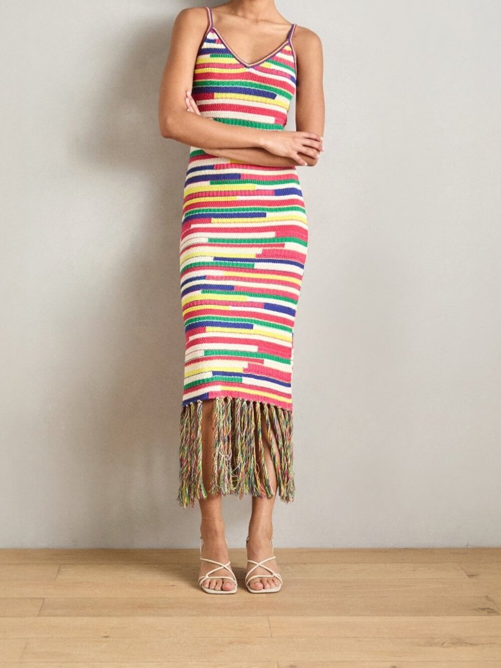 Vintage Knit Midi Dress Rainbow Stripe Crochet Fringe Farm Rio Style Coverup XS